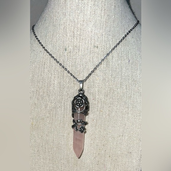 Rose quartz crystal point necklace with pewter cap wrap. - Picture 3 of 5